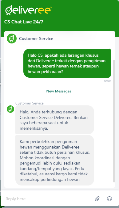 CS Deliveree Menjawab Ketentuan Pengiriman Hewan via Chat