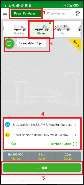 Tampilan Langkah 1 Pemesanan Deliveree