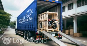 Pengiriman unit sepeda motor untuk pelanggan dalam peti oleh truk Himeji Express.