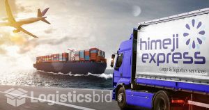 Gambar pesawat untuk pengiriman udara, kapal untuk pengiriman laut, dan truk dengan logo Himeji Express untuk pengiriman darat.