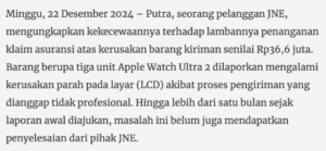 Screenshot testimoni layanan JNE