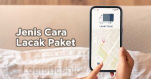 Tampilan aplikasi lacak paket di ponsel dengan peta pengiriman dan ikon truk, menunjukkan jenis pelacakan paket secara real-time.
